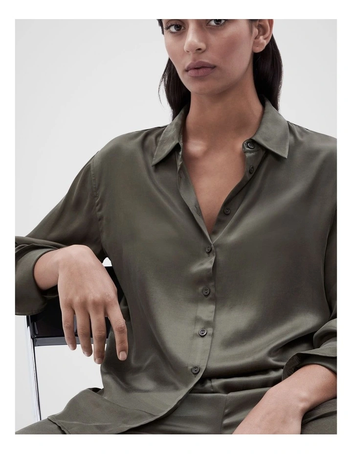 Cupro Button Through Shirt in Dark Moss image 4