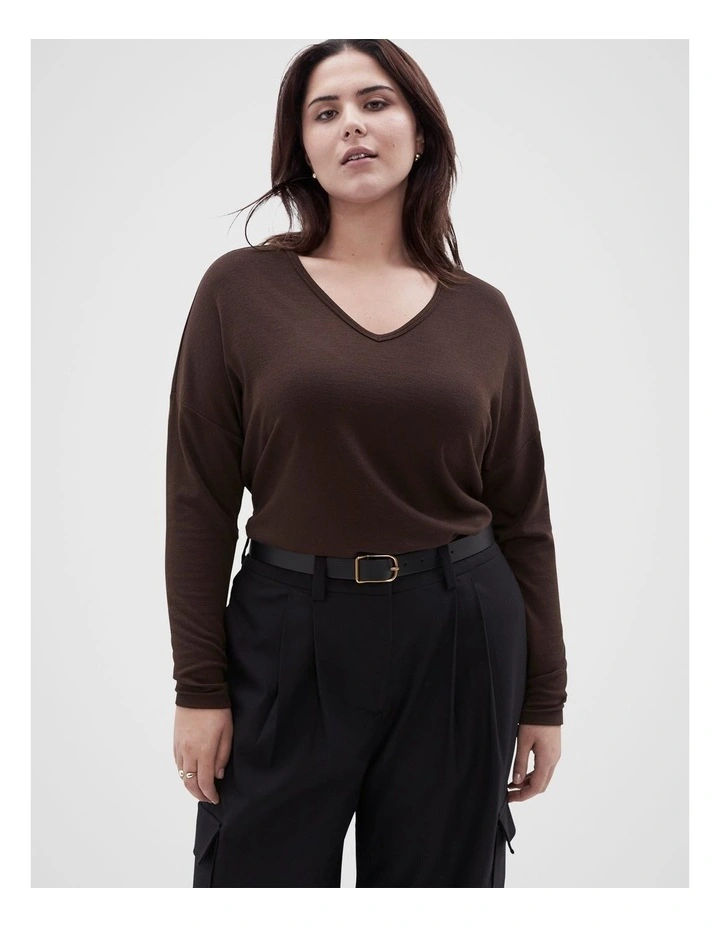 Soft V Neck Long Sleeve Tee in Chocolate image 1