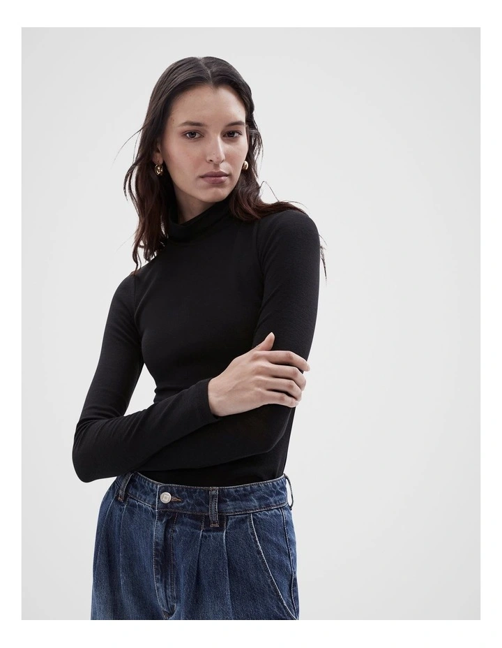 High Neck Long Sleeve Top in Black image 1