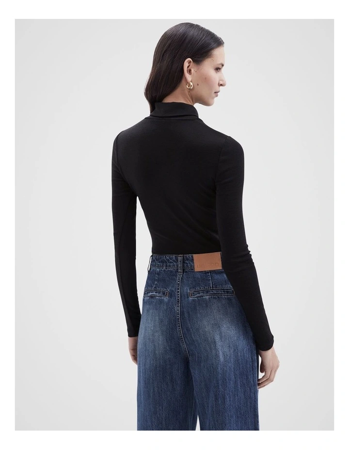 High Neck Long Sleeve Top in Black image 3