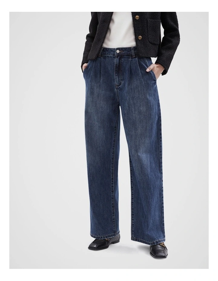 Wide Leg Pleat Jeans in Dark Denim image 1