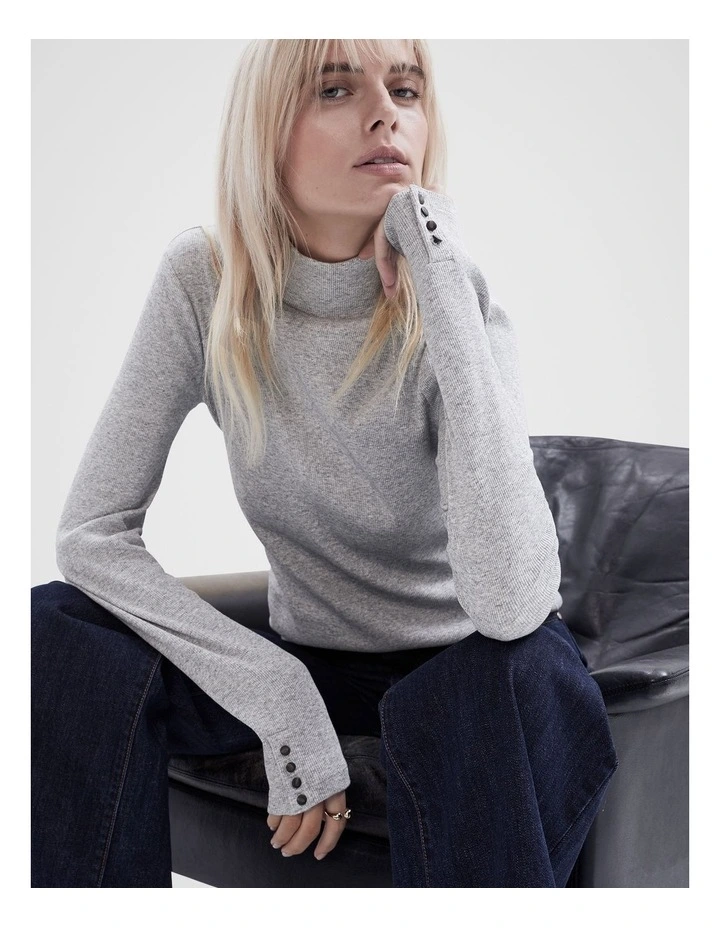 Ribbed Mock Neck Top in Grey Marle image 1