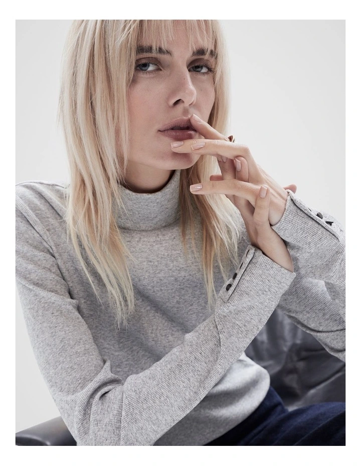 Ribbed Mock Neck Top in Grey Marle image 4
