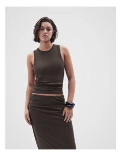 Ruched Mesh Tank in Brown