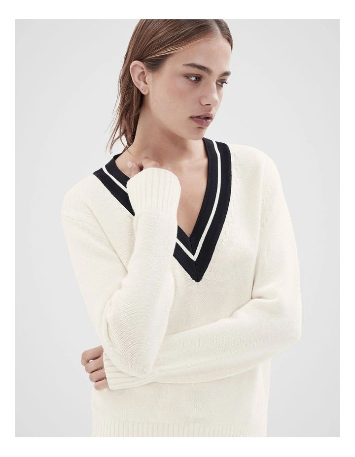 Sporty V Neck Knit Jumper in Cream image 1