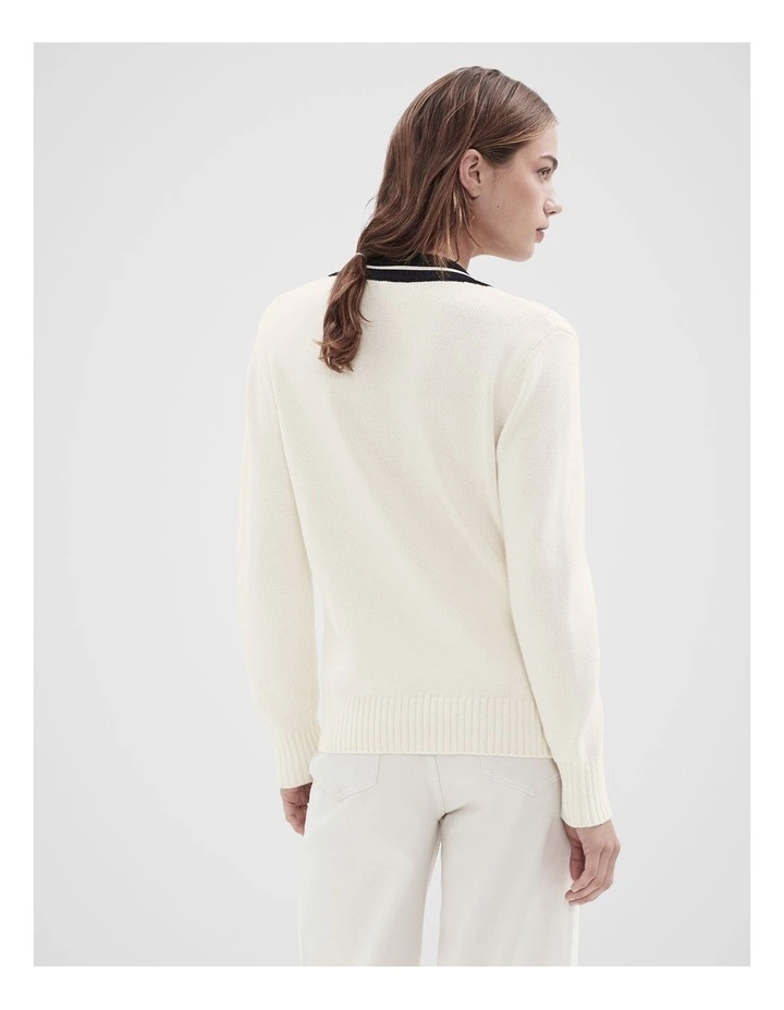 Sporty V Neck Knit Jumper in Cream image 2