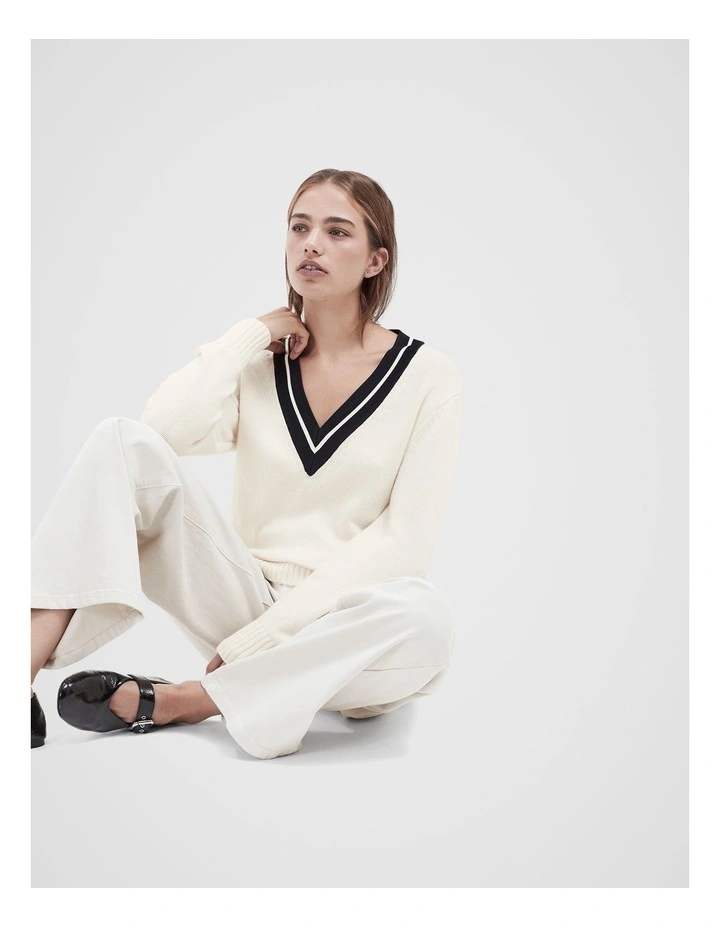 Sporty V Neck Knit Jumper in Cream image 3