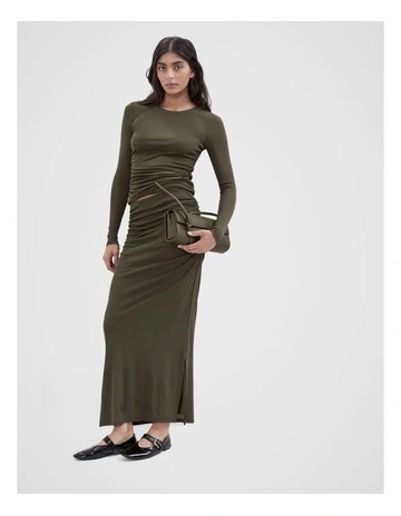 Ruched Mesh Maxi Skirt in Green