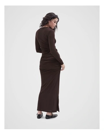 Ruched Mesh Maxi Skirt in Brown