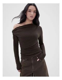 Textured Long Sleeve Top in Brown