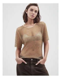 Metallic Mesh Tee in Brown