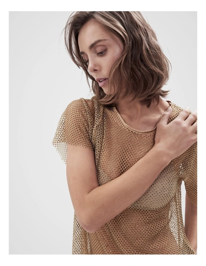 Metallic Mesh Tee in Brown image 3