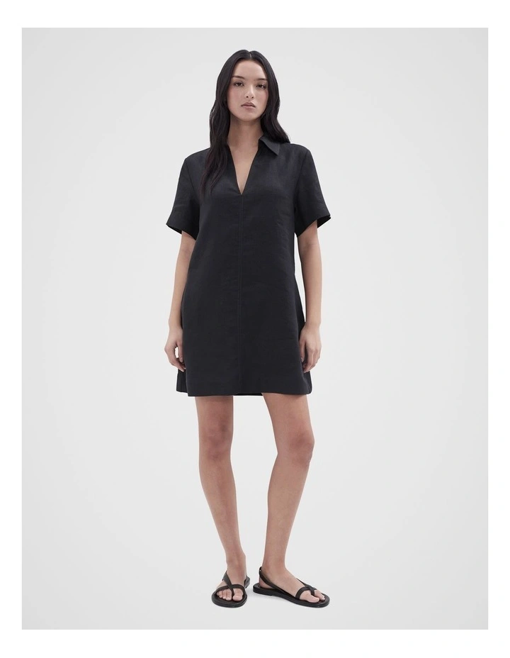 Collared Linen Dress in Black image 1