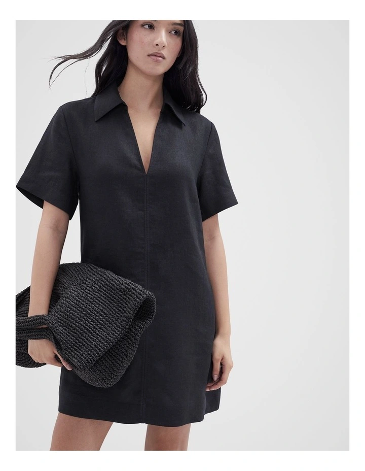 Collared Linen Dress in Black image 3