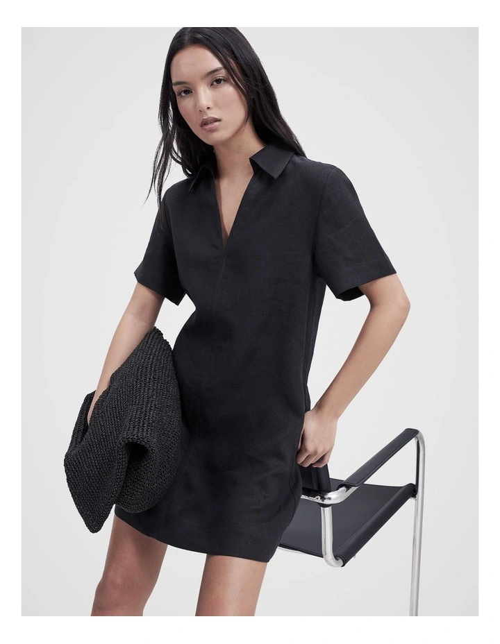 Collared Linen Dress in Black image 4
