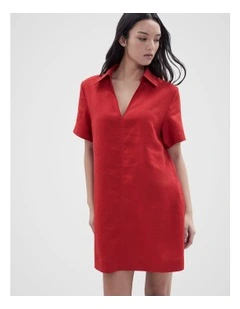 Collared Linen Dress in Red