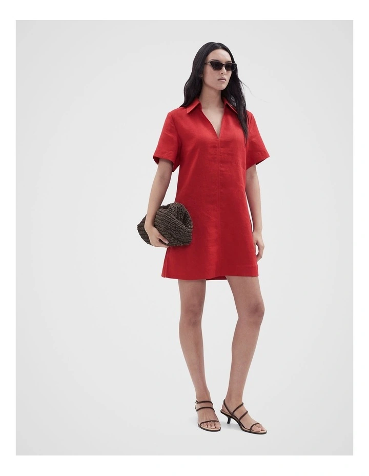 Collared Linen Dress in Red image 4