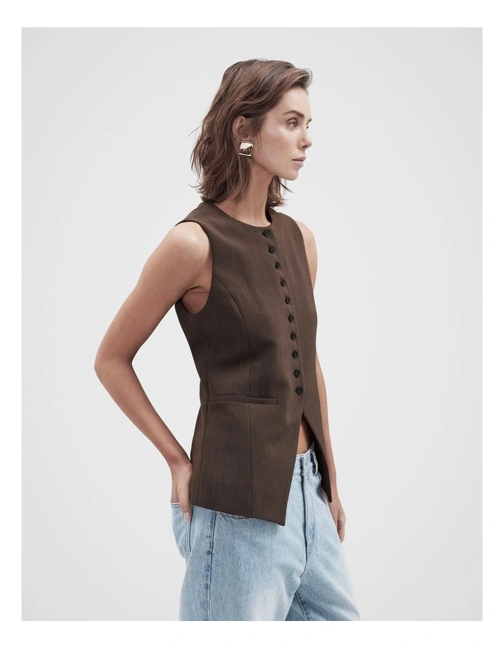 Button Detail Vest in Brown image 3