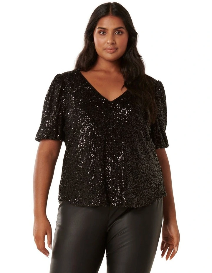 Miyah Sequin Puff Sleeve Top in Black image 1