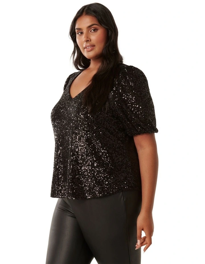 Miyah Sequin Puff Sleeve Top in Black image 3