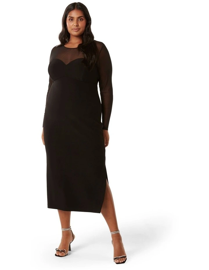 Roxy Mesh Detail Bodycon Midi Dress in Black image 1