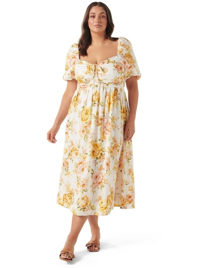 Destiny Ruched Midi Dress in White Floral image 1