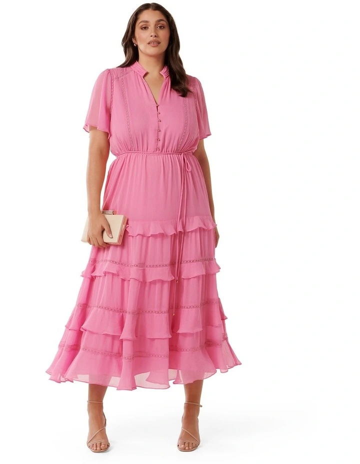 Julie Short Sleeve Trim Midi Dress in Pink image 1