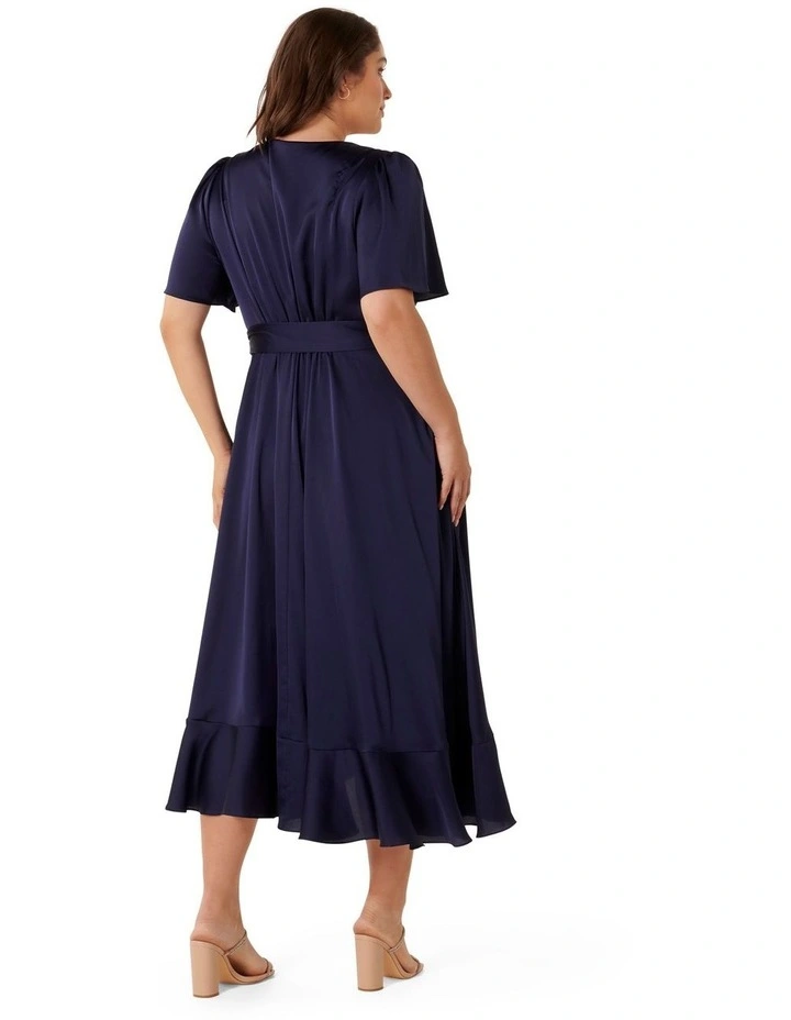 Sienna Satin Wrap Ruffle Dress in Navy image 2