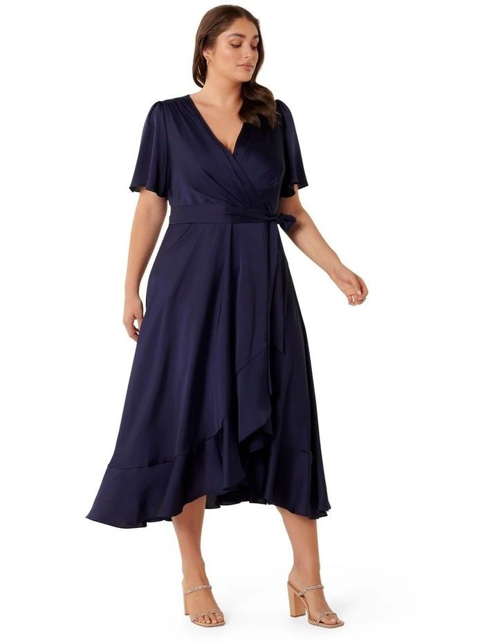 Sienna Satin Wrap Ruffle Dress in Navy image 3