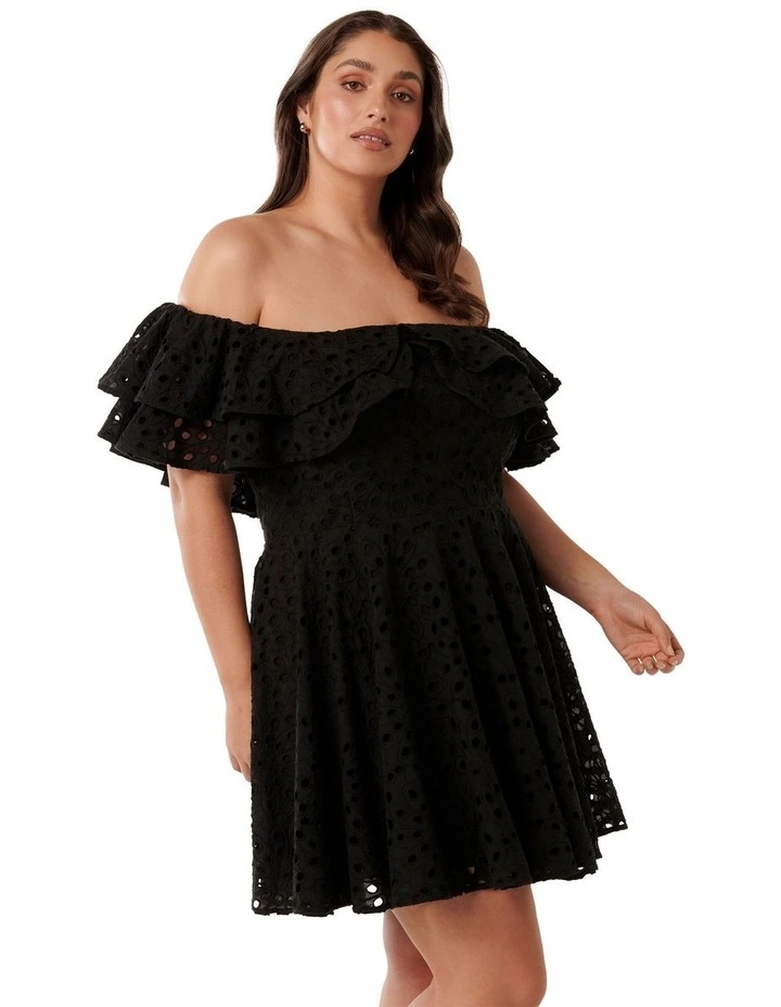Ellie Broderie Mini Dress in Black image 3
