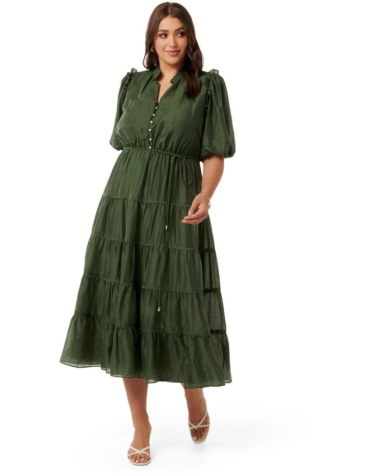 Forever New Curve Evelyn Short Sleeves Button Midi Dress in Green | MYER