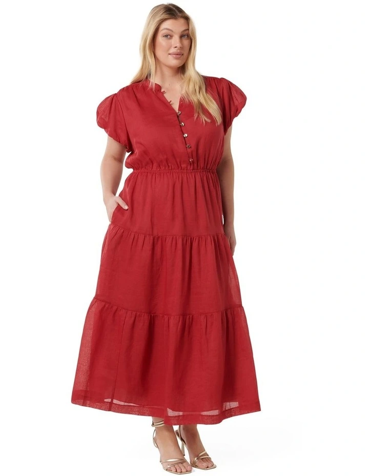 Paloma Tiered Button Front Midi Dress in Red image 3