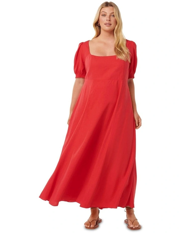 Tori Puff Sleeves Linen Midi Dress in Red image 1