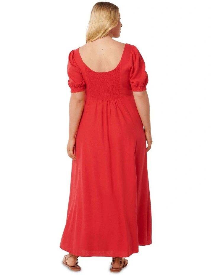 Tori Puff Sleeves Linen Midi Dress in Red image 2
