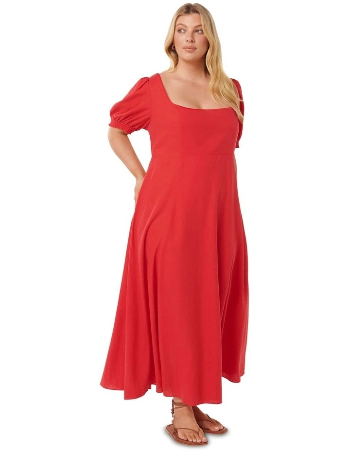 Tori Puff Sleeves Linen Midi Dress in Red image 3