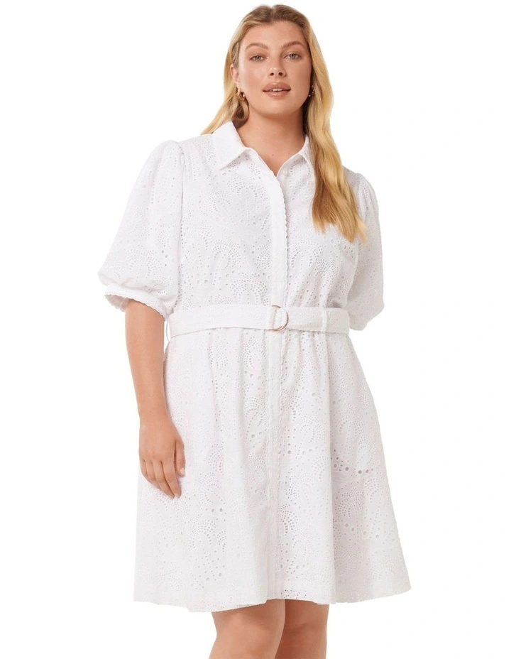 Forever New Curve Bryony Embroidered Shirt Mini Dress in Brilliant White |  MYER