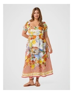 Tori Puff Sleeves Linen Midi Dress in Multi