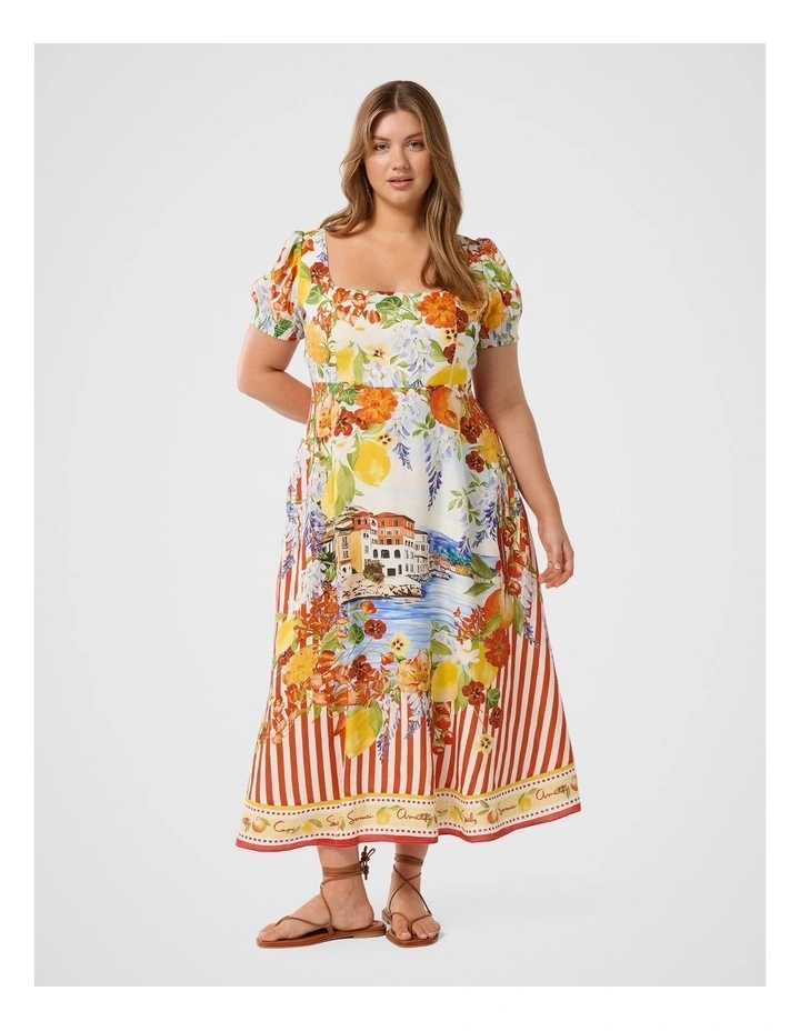 Tori Puff Sleeves Linen Midi Dress in Multi image 1