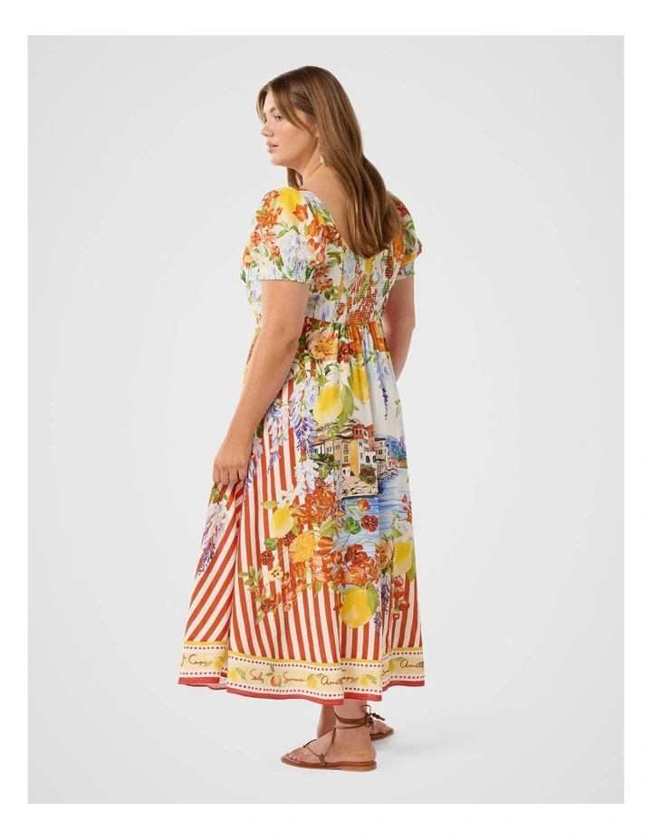 Tori Puff Sleeves Linen Midi Dress in Multi image 2