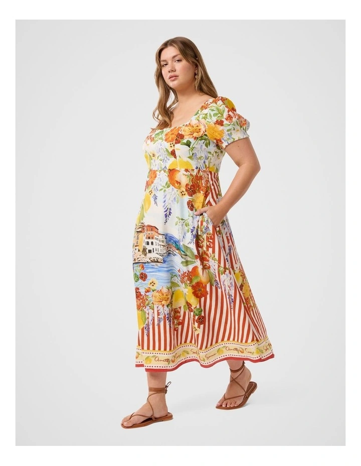 Tori Puff Sleeves Linen Midi Dress in Multi image 3