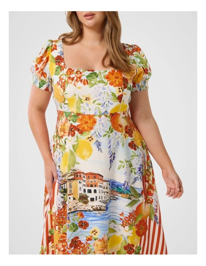 Tori Puff Sleeves Linen Midi Dress in Multi image 4