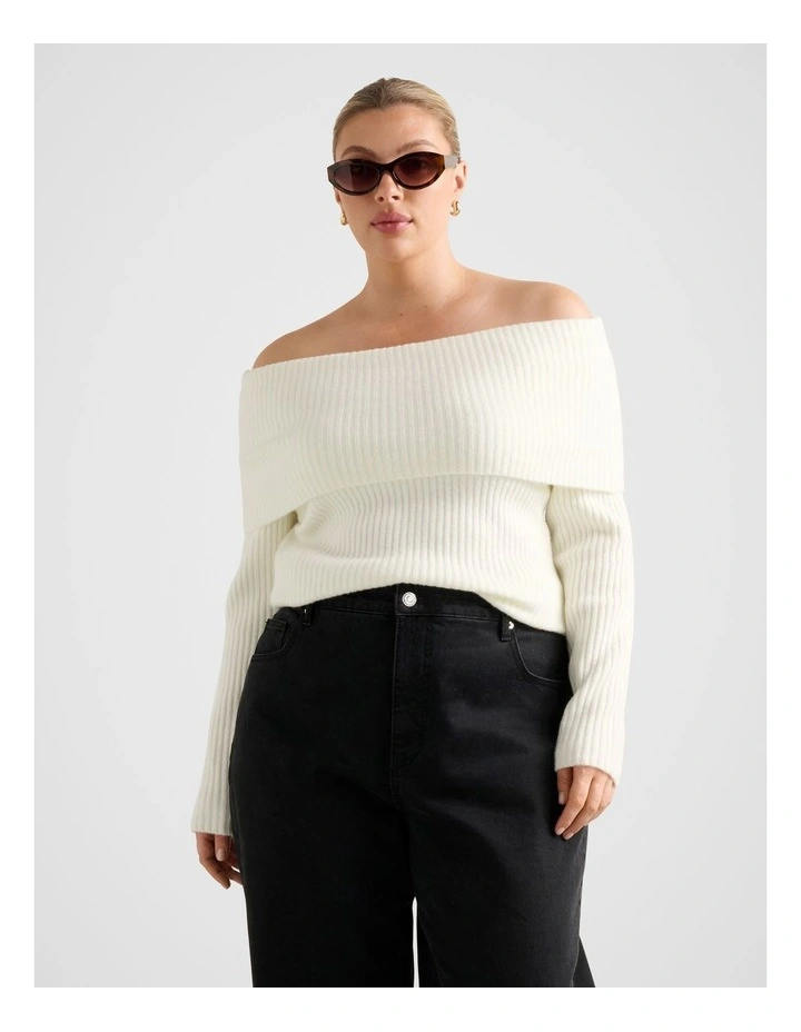 Ashley Curve Ribbed Knitted Bardot Top in Cream image 1