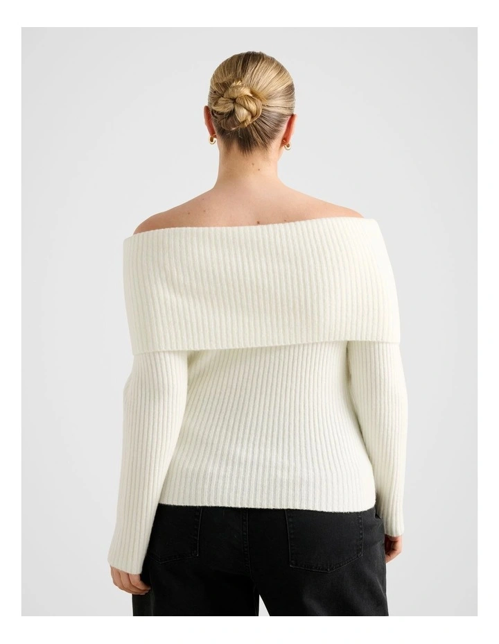 Ashley Curve Ribbed Knitted Bardot Top in Cream image 2