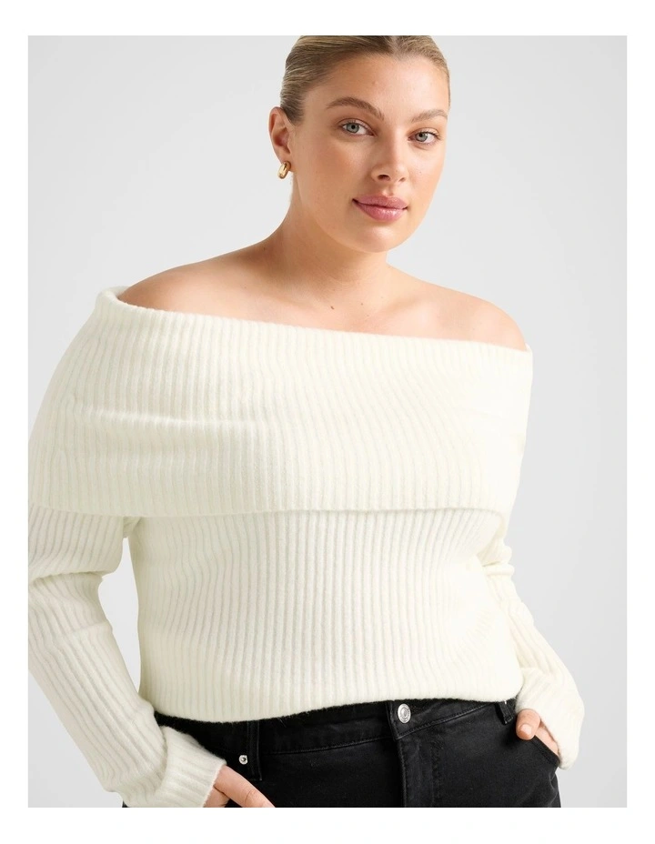 Ashley Curve Ribbed Knitted Bardot Top in Cream image 4