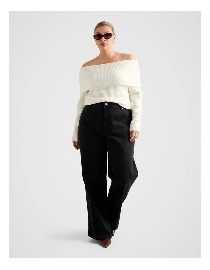 Ashley Curve Ribbed Knitted Bardot Top in Cream image 5