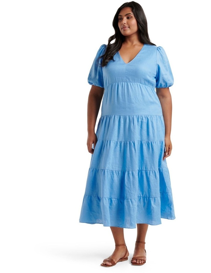 Monaco Curve Tiered Linen Midi Dress Blue Day