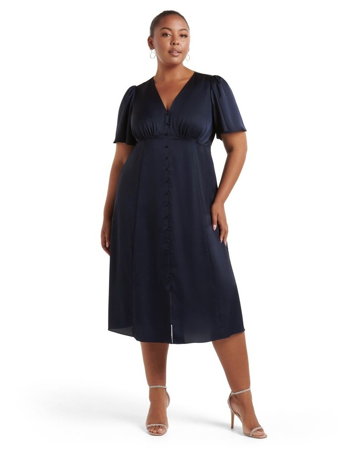 Cameron Satin Button Midi Dress in Navy