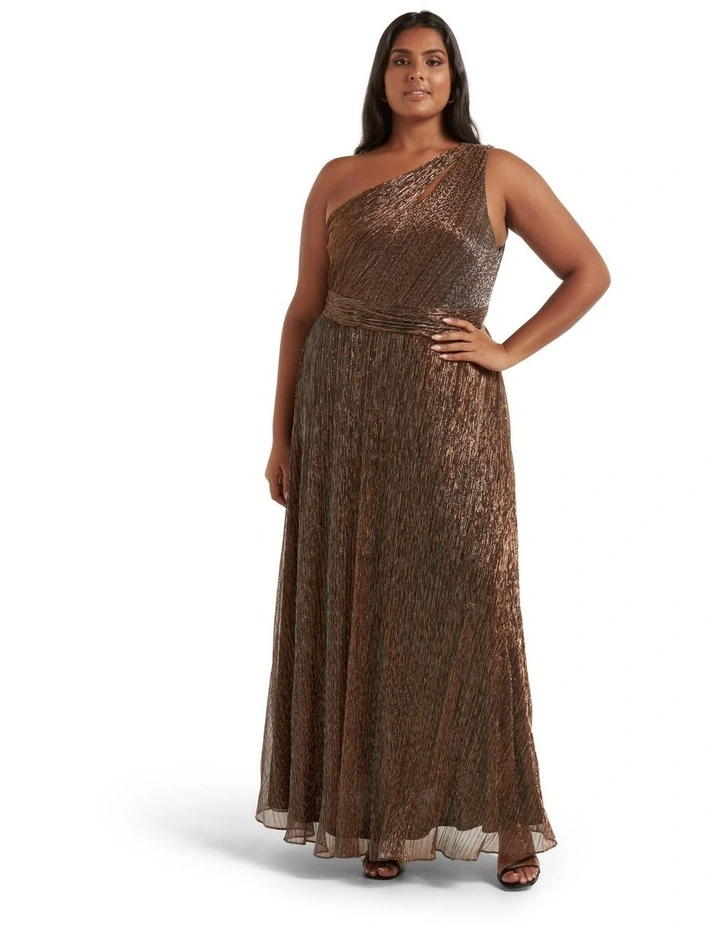 Billie Asymmetrical Plisse Maxi Dress in Brown image 1