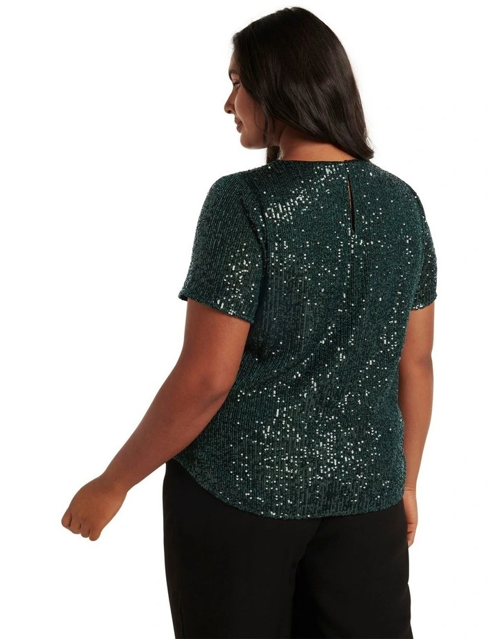 Lizzy V-Neck Sequin Tee in Green image 2