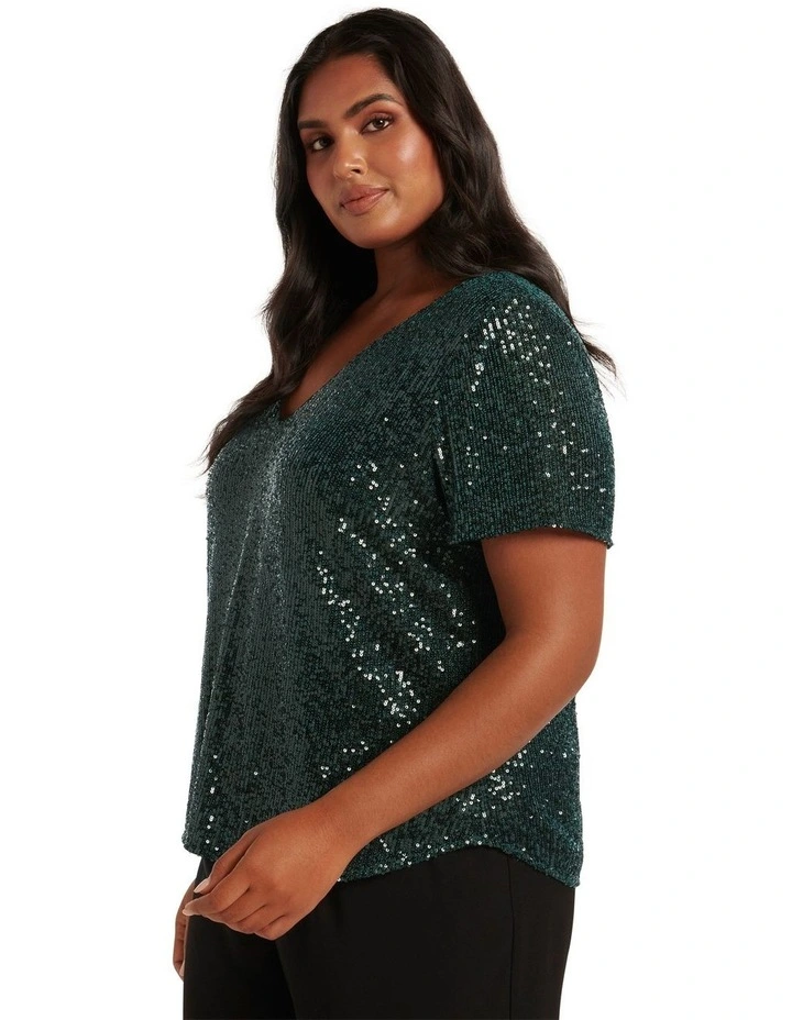 Lizzy V-Neck Sequin Tee in Green image 3